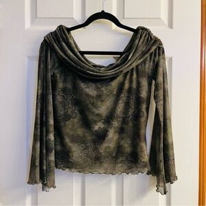 Thorn & Fable Floral Women's Blouse Cowl Neckline Medium Green Black lightweight